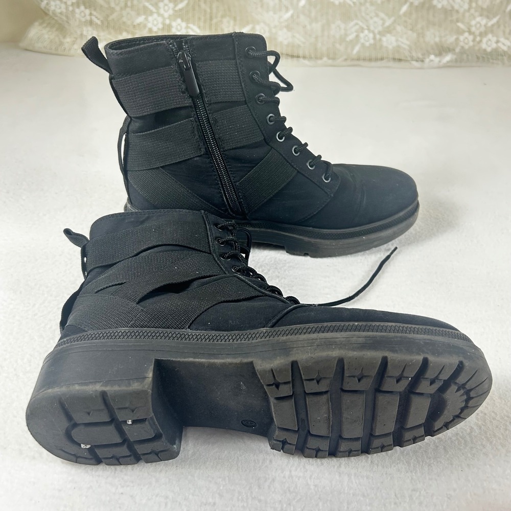 Womens Black Canvas Combat Boots Lace Up Side Zip Elastic Straps Lug Sole Size 9 - Picture 4 of 11